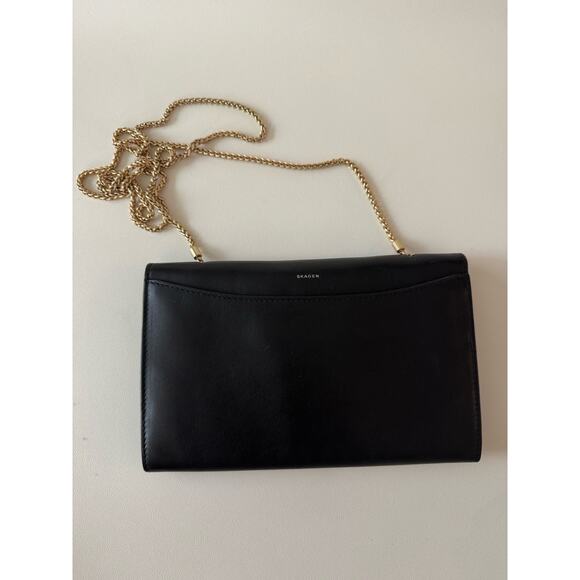Skagen Crossbody Bag Black Leather Chain Link Clutch Cow Hide Envelope - Picture 11 of 15